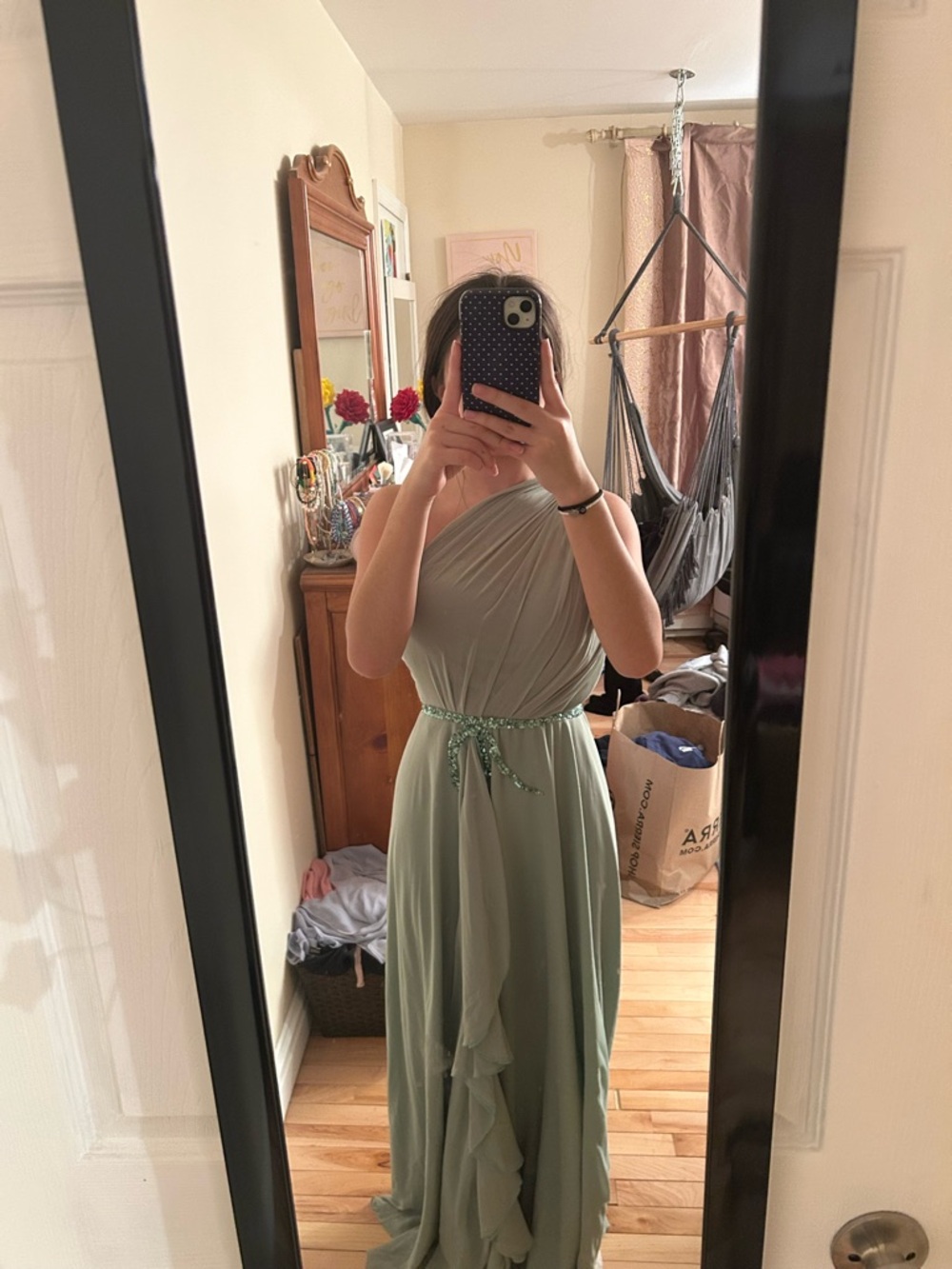 Elegant One-Shoulder Sage Green Evening Dress